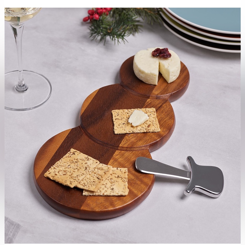 Nambe Wooden snowman Cheese Board with Silver Knife